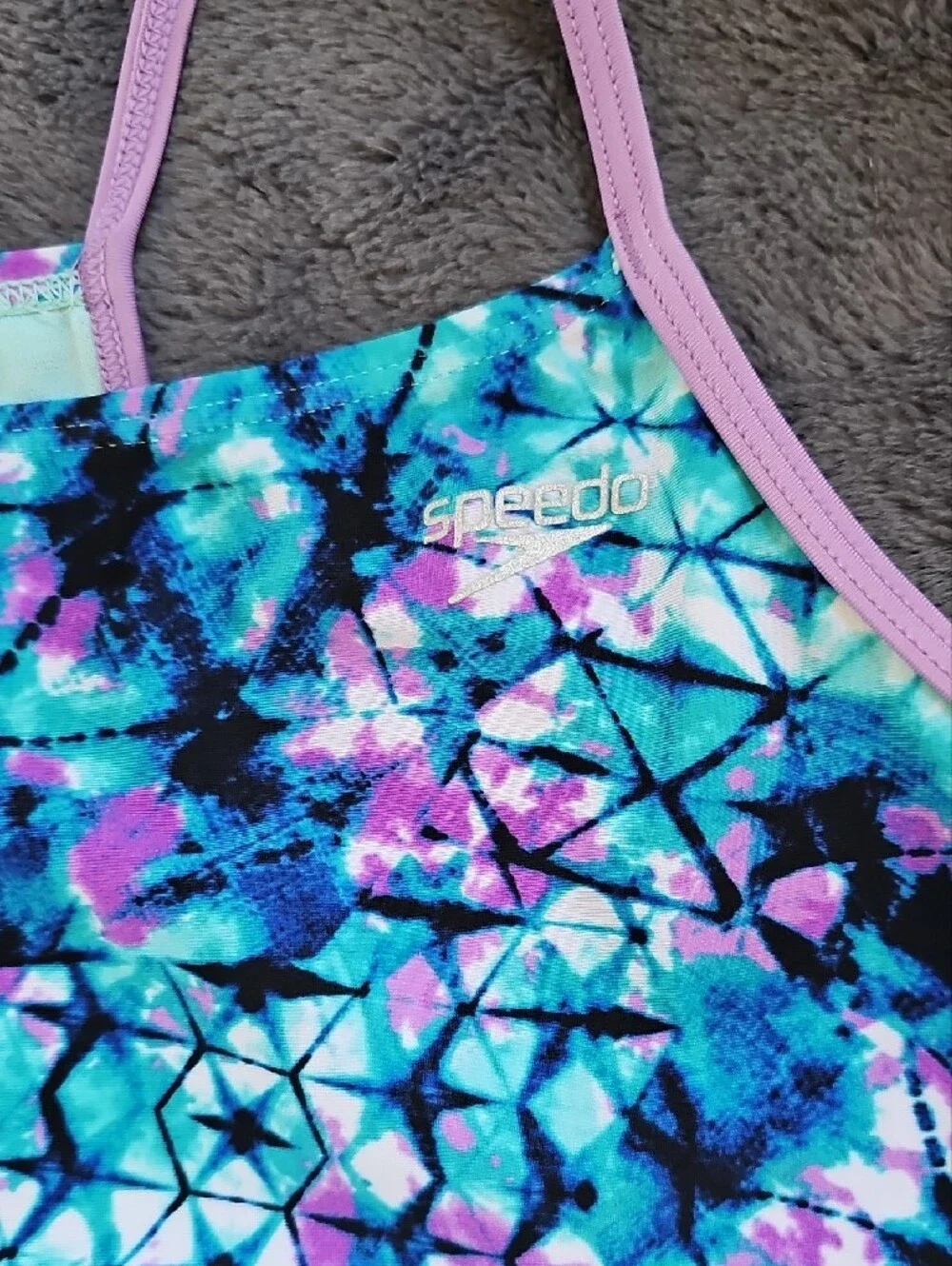 Speedo Girls' Teal Blue & Purple Geo One-Piece Swimsuit